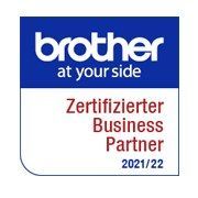 Brother-Logo und Abzeichen „Zertifizierter Geschäftspartner 2021/22“ in Blau und Rot