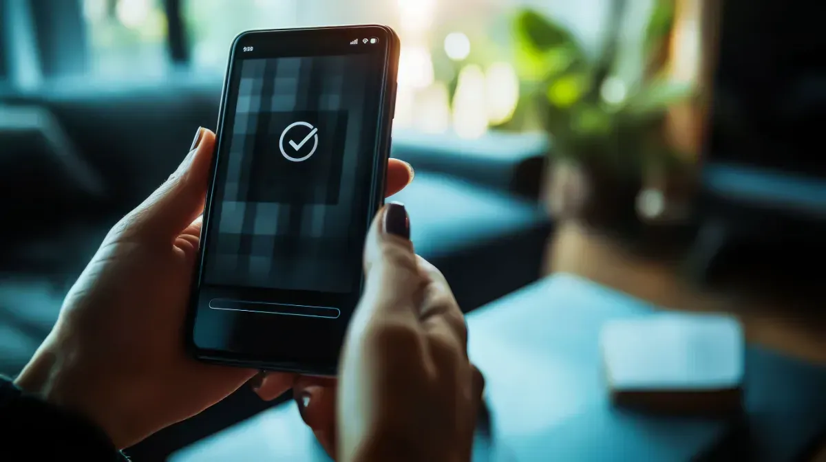 Una persona sostiene un teléfono celular con una marca de verificación en la pantalla.