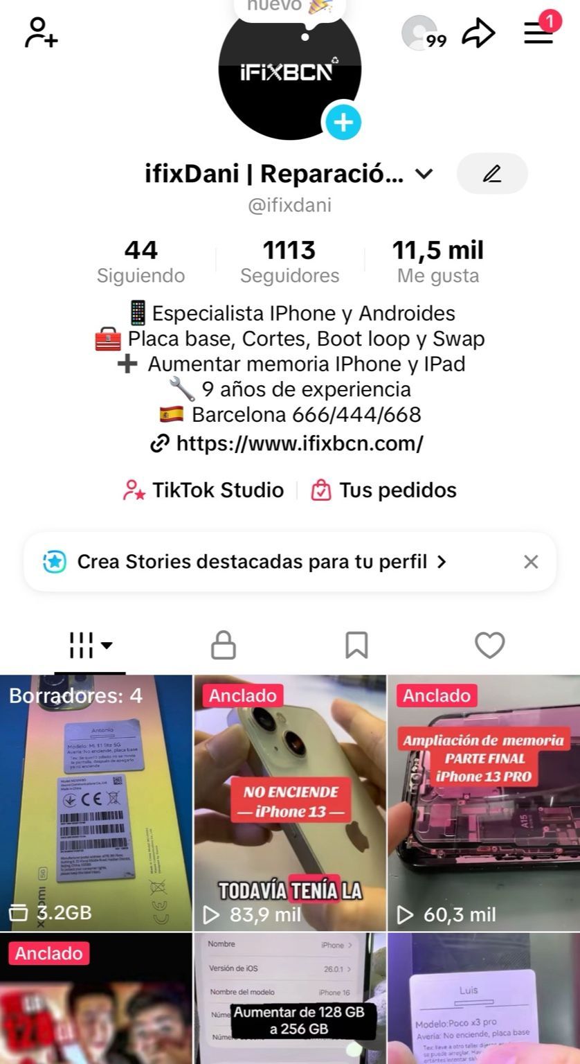 Perfil de TikTok que muestra videos de reparación de iPhone, con el nombre de usuario 