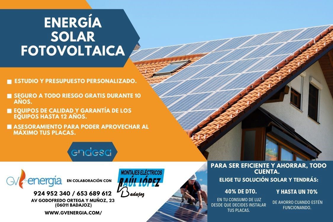 Un anuncio de energía solar fotovoltaica muestra una casa con paneles solares en el tejado.