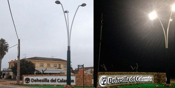 Dos imágenes de un alumbrado público y un cartel que dice 