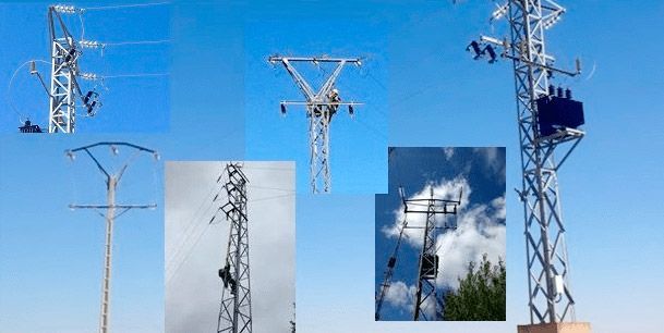 Un collage de imágenes de líneas eléctricas contra un cielo azul.