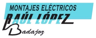 A blue and white logo for montajes electricos raul lopez