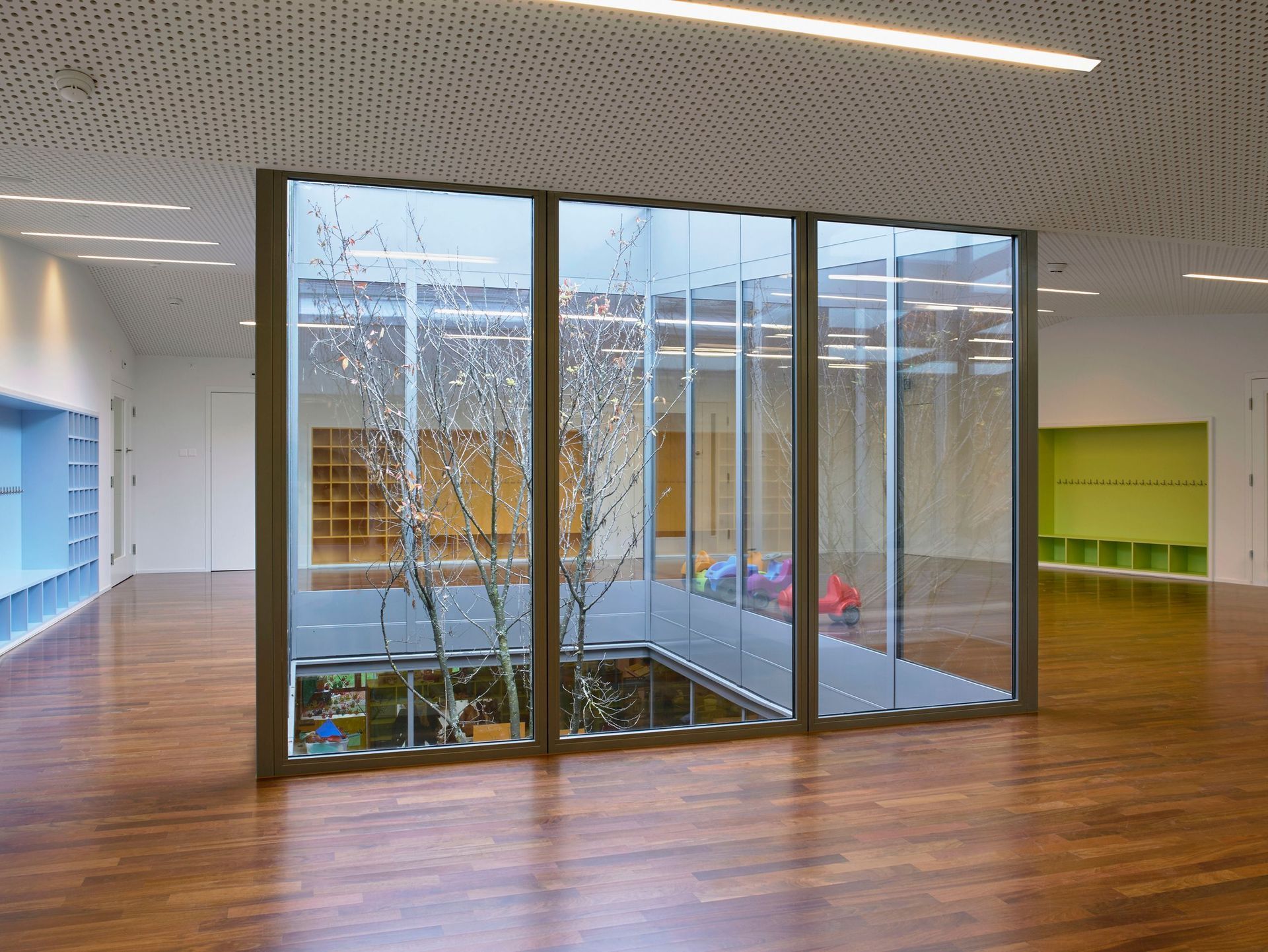 Une pièce avec beaucoup de fenêtres et un arbre au milieu