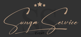 Logo pour « Sunga Service Event », avec une écriture cursive élégante, trois étoiles et un fond sombre.