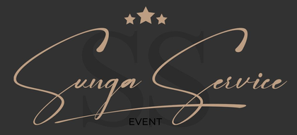 Logo pour « Sunga Service Event », avec une écriture cursive élégante, trois étoiles et un fond sombre.