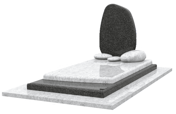 Pierre tombale composée d'une pierre sombre, d'un socle gris et blanc et de trois pierres rondes.