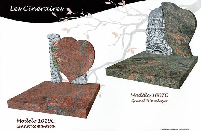 Deux pierres tombales en granit portant l'inscription « Les Cineraires ». À gauche, une en forme de cœur ; à droite, une structure évoquant une cathédrale.