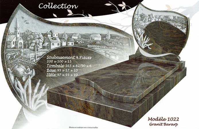 Pierre tombale en granit brun, ornée d'une scène rurale gravée, avec inscription.