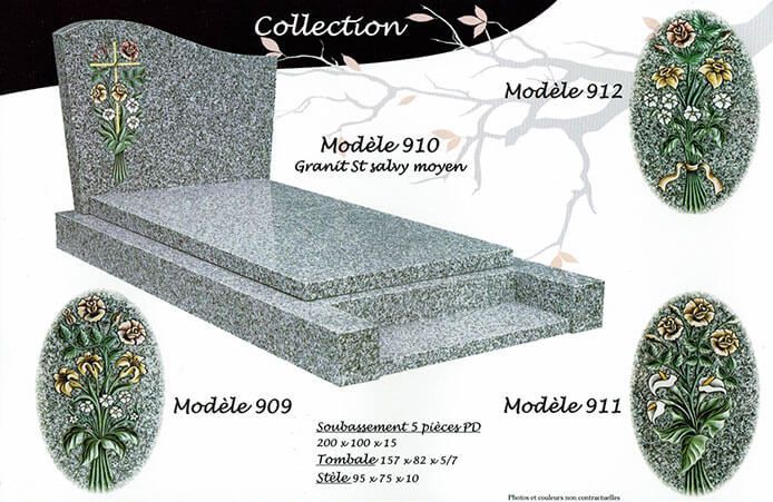 Modèles de pierres tombales : stèles verticales en granit avec croix, socle et motifs floraux ovales.