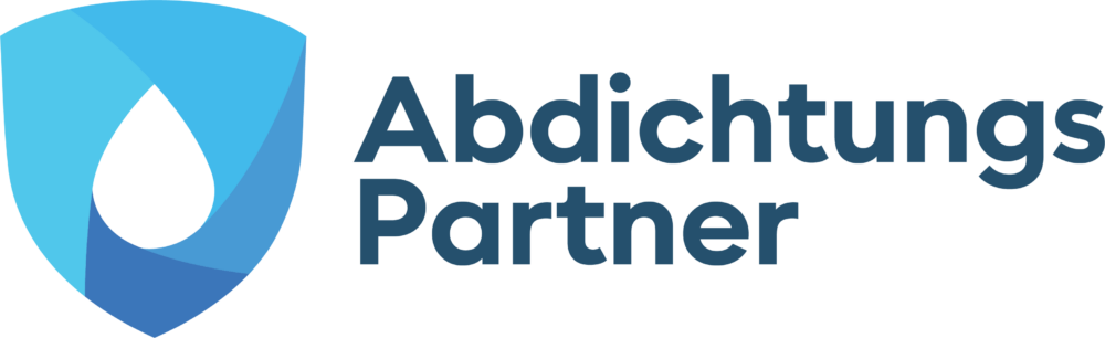 Logo mit einem blauen Schild, das eine Wassertropfenform enthält, und dem Schriftzug „Abdichtungs Partner“ in Dunkelblau.