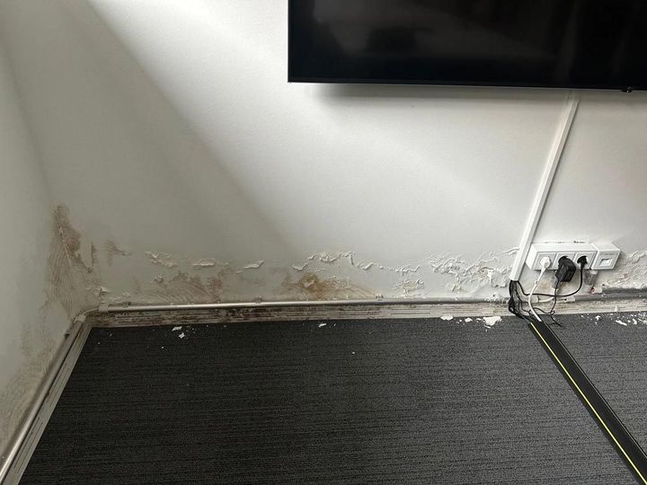 Wasserschäden an einer weißen Wand, abblätternde Farbe und dunkle Flecken in Bodennähe.