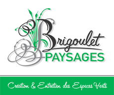 Logo de Brigoulet Paysages avec un texte en noir et vert avec une bannière “Création & Entretien des Espaces Verts”