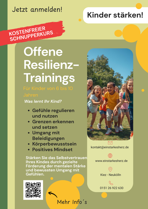 Flyer von einem Kurs-Angebot zum Resilienztraining. Bild mit lachenden Kindern.