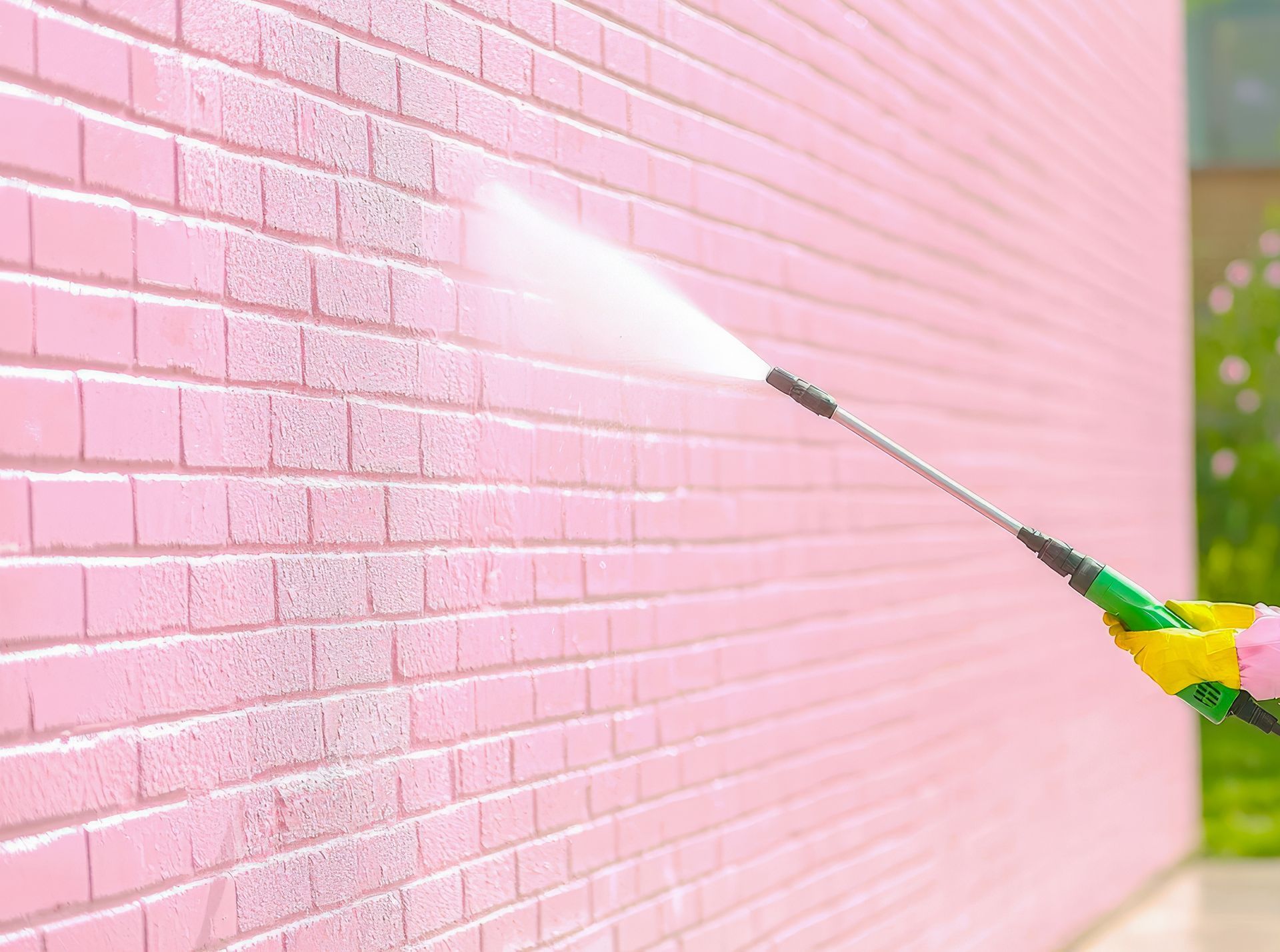 Nettoyage à haute pression d'un mur en briques roses