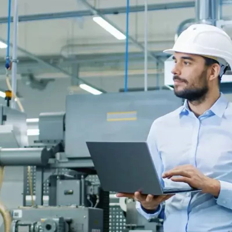 Un hombre que lleva un casco sostiene una computadora portátil en una fábrica.