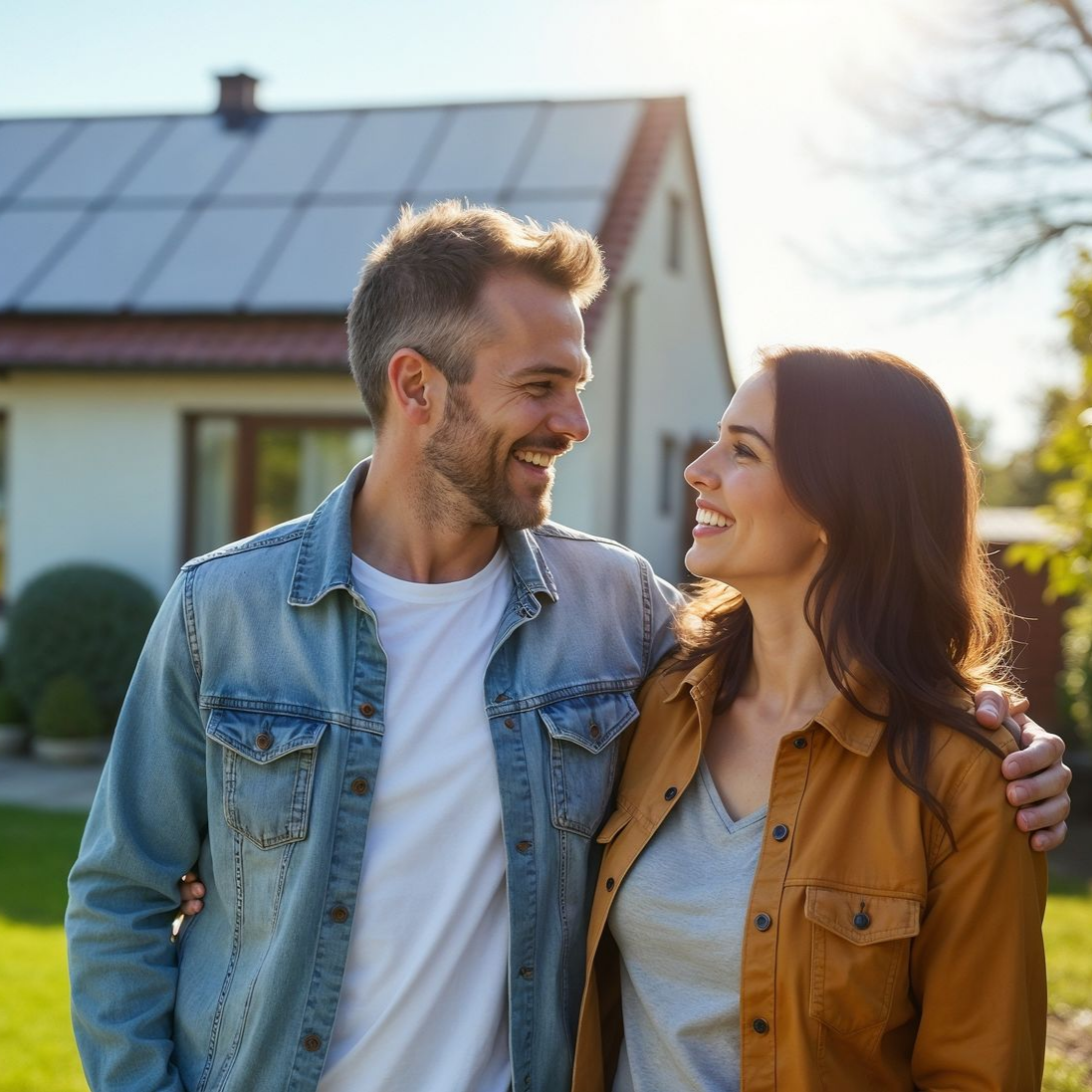 Un couple souriant, enlacé devant une maison équipée de panneaux solaires.