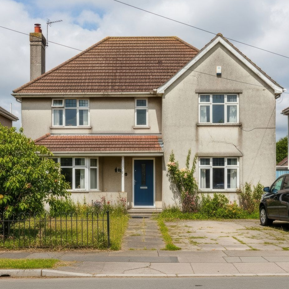 Façade d'une maison délabrée avant chantier.