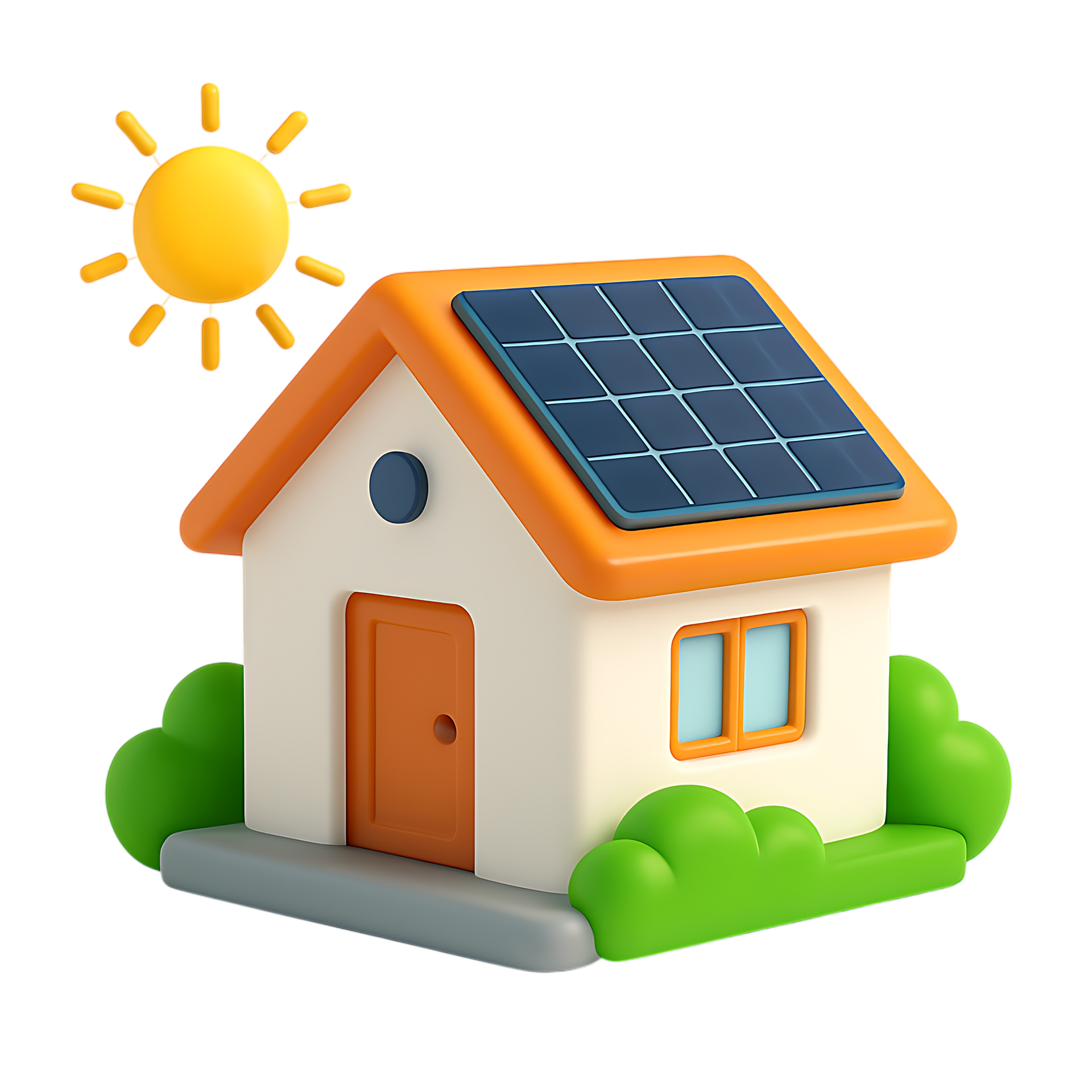 Illustration en 3D d'une maison avec un panneau photovoltaïque sur le toit et un soleil en arrière-plan.