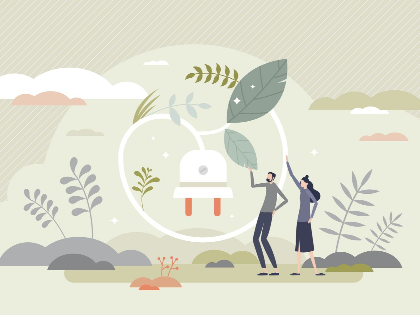 Deux personnages admirent une plante équipée d'une prise électrique, symbolisant les énergies renouvelables.