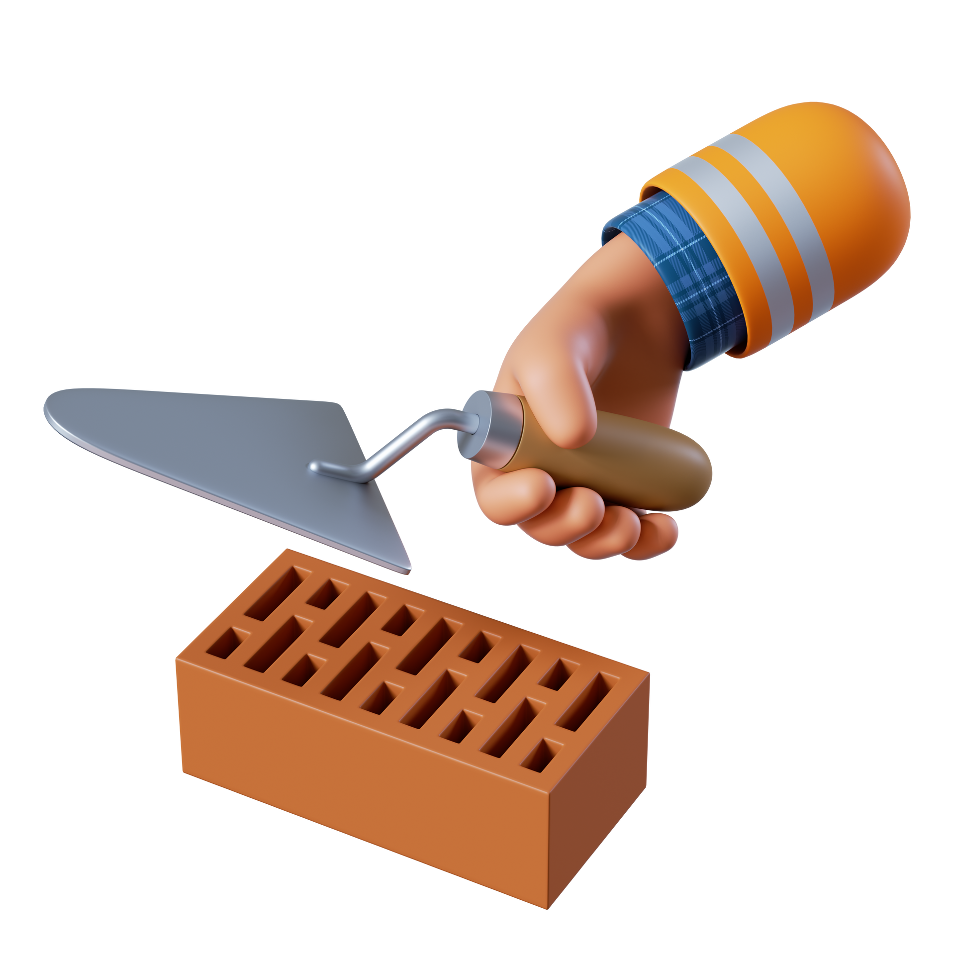Main en 3D tenant une truelle au-dessus d'une brique.