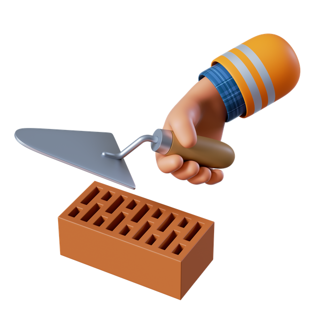 Main en 3D tenant une truelle au-dessus d'une brique.