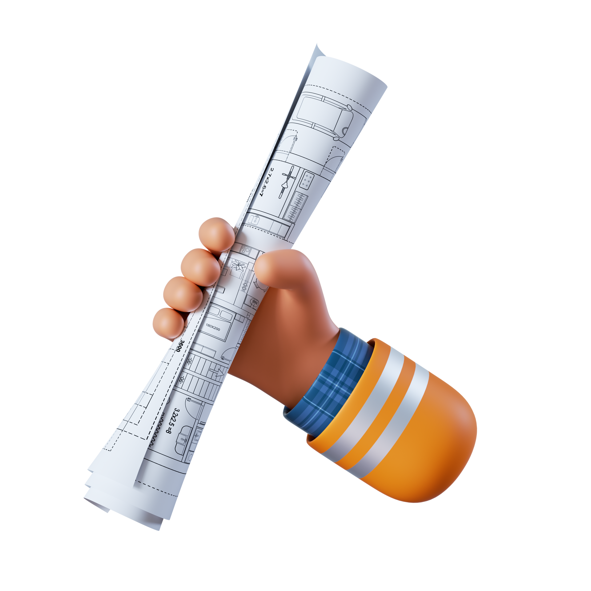 Une main en 3D tenant un plan d'architecte enroulé.