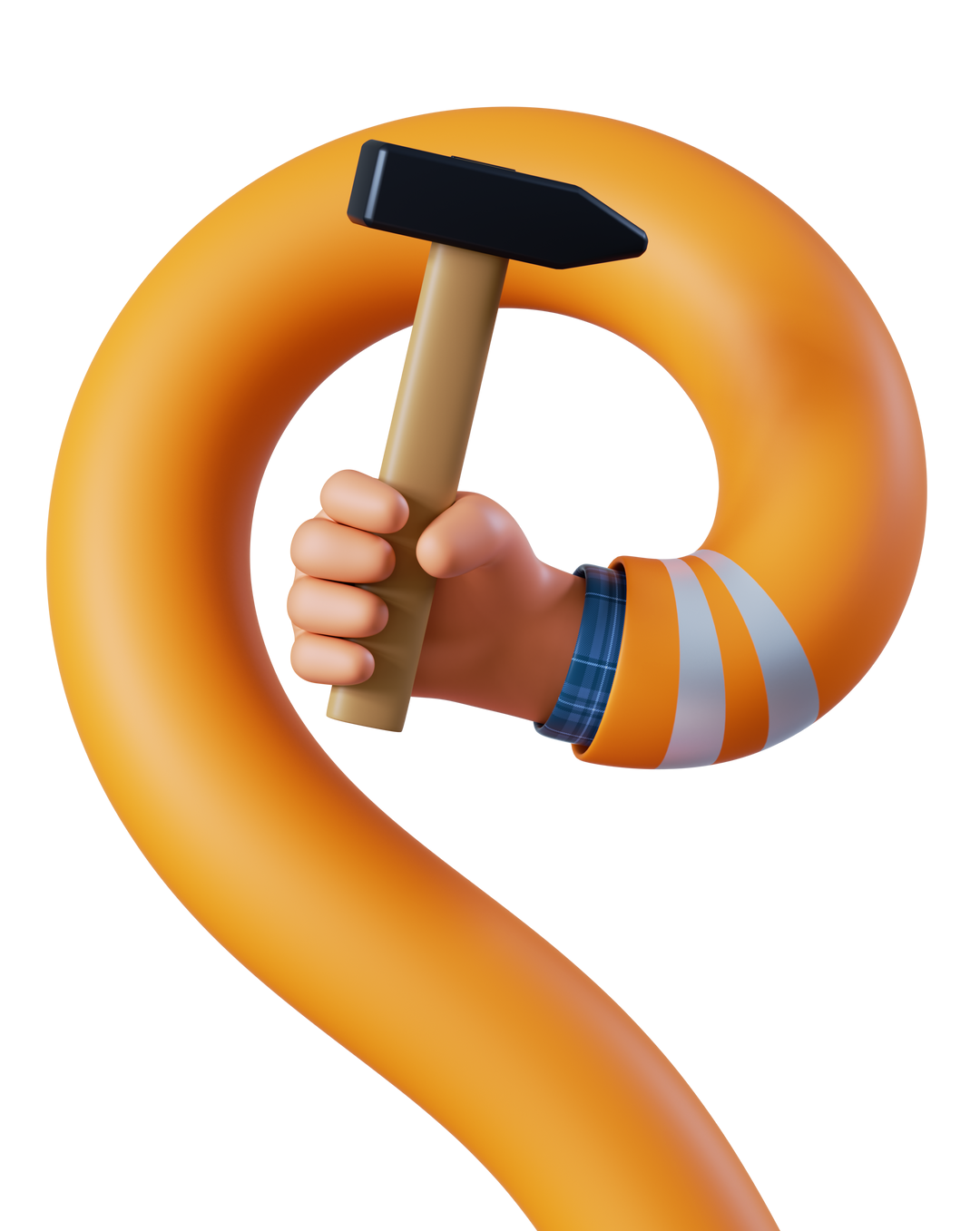 Des mains en 3D tenant une clé et un marteau, avec des manches orange entrelacées.