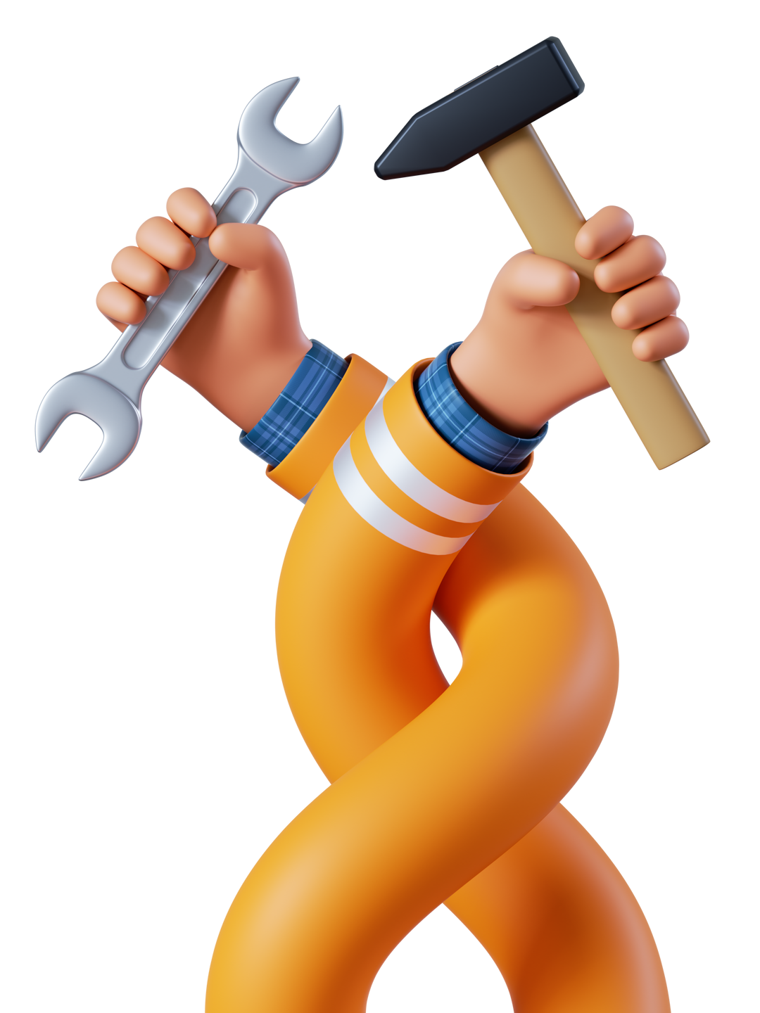 Des mains en 3D tenant une clé et un marteau, avec des manches orange entrelacées.