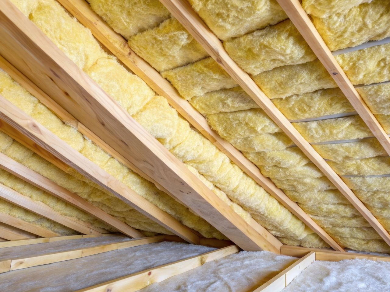 Charpente en bois avec isolation en laine de verre par l'intérieur.