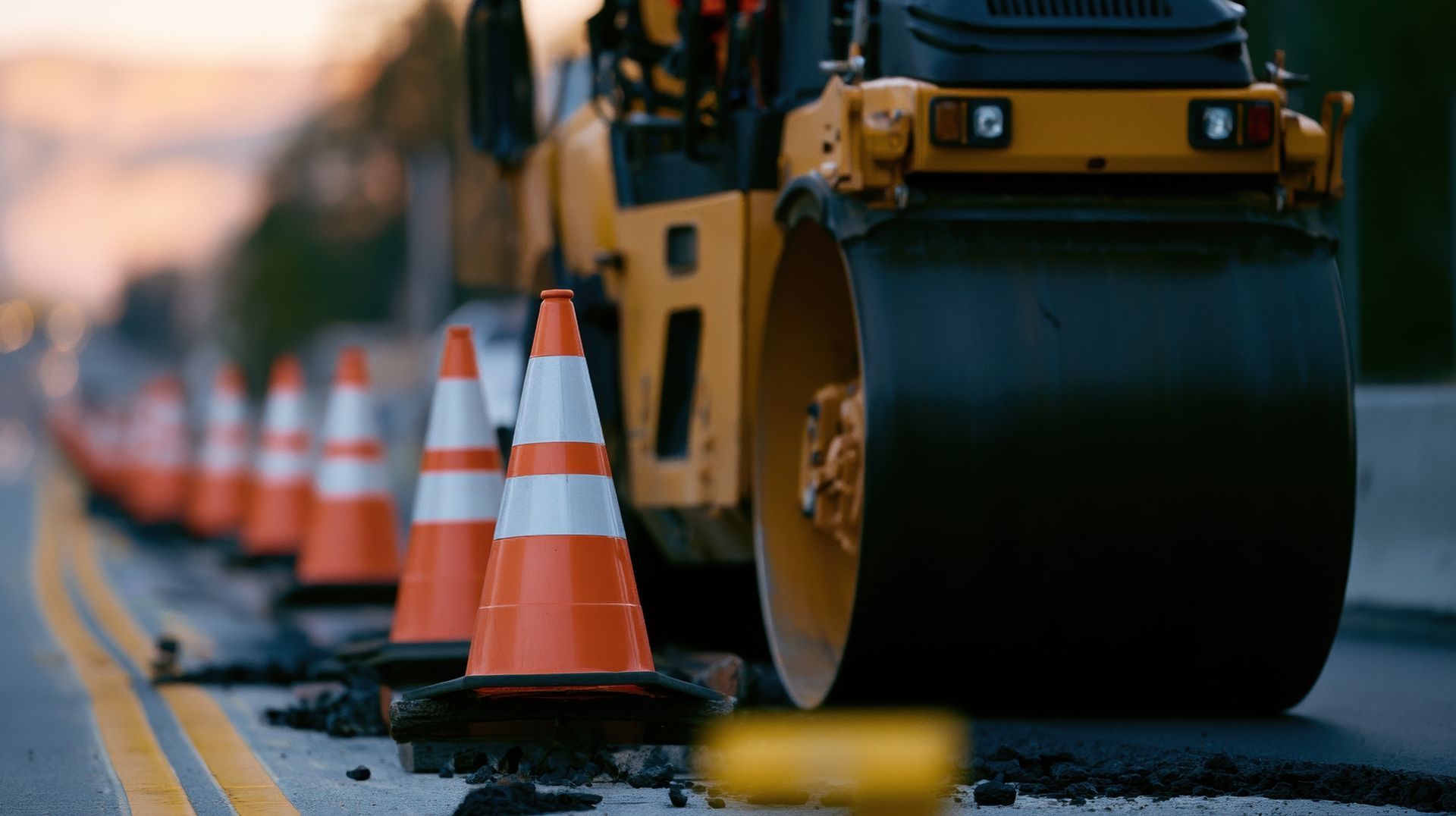 Cônes de signalisation à côté d'un rouleau compresseur sur une rue pavée au coucher du soleil