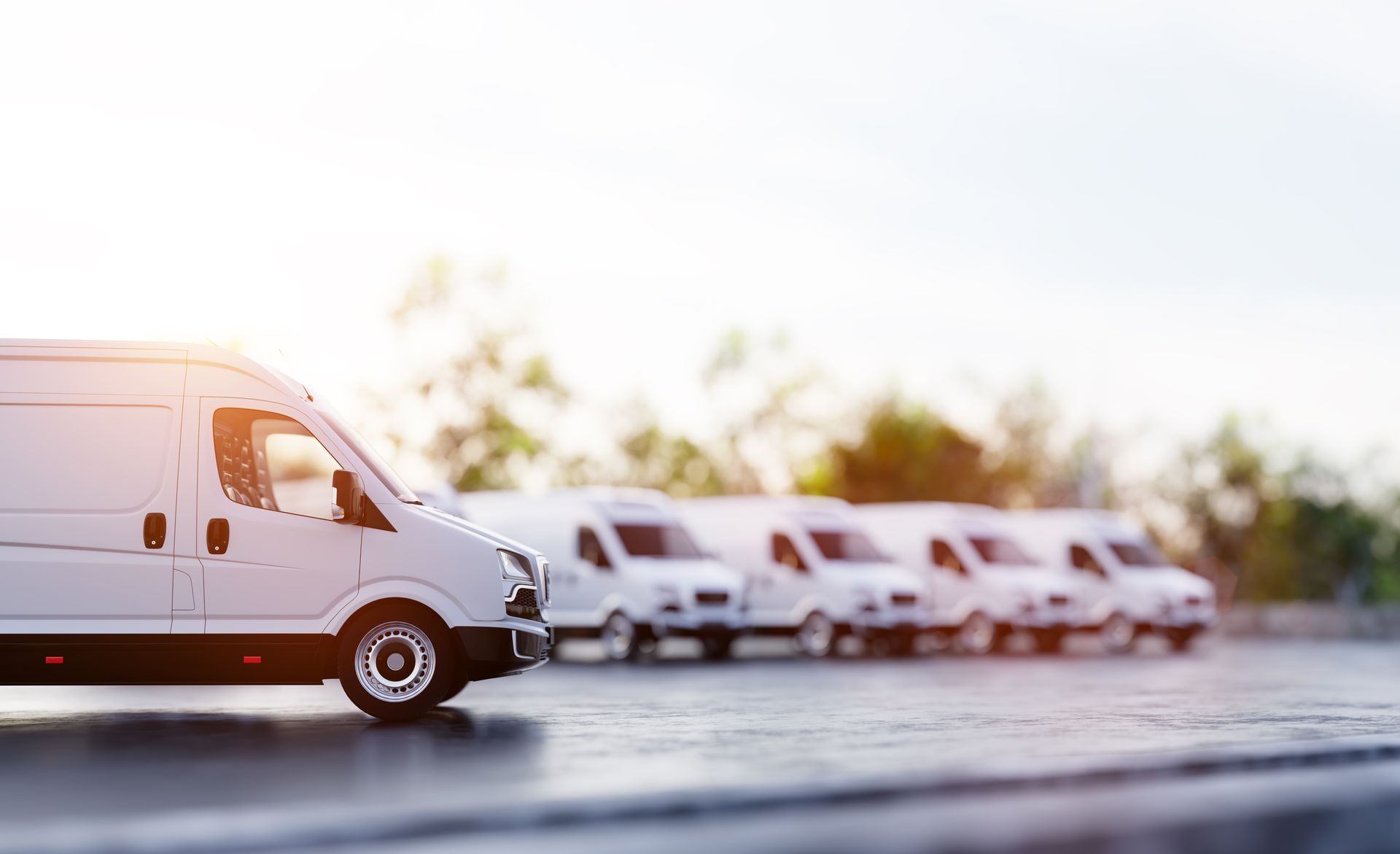 Des camionnettes de livraison blanches garées en rang sur une route ensoleillée