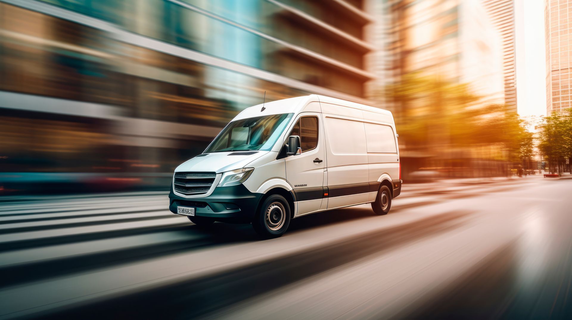Une camionnette de livraison blanche file à toute allure dans une rue de la ville, floue de mouvement, avec de hauts immeubles en arrière-plan.
