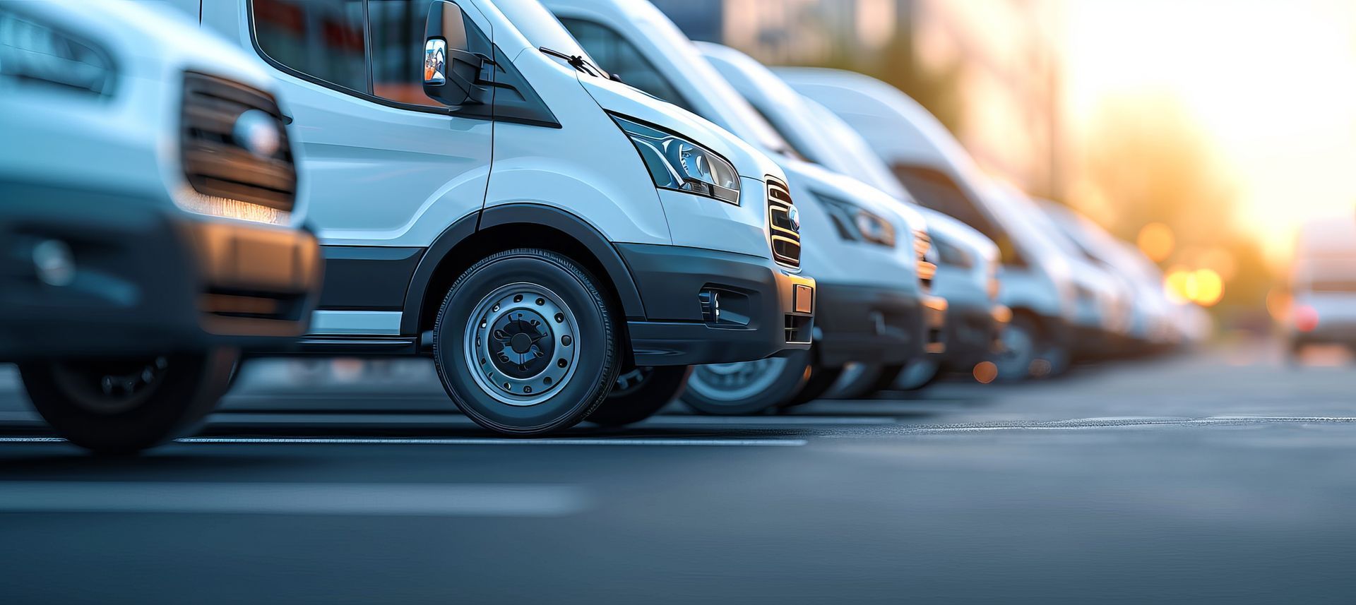 Une rangée de camionnettes de livraison blanches garées le long d'une route au coucher du soleil