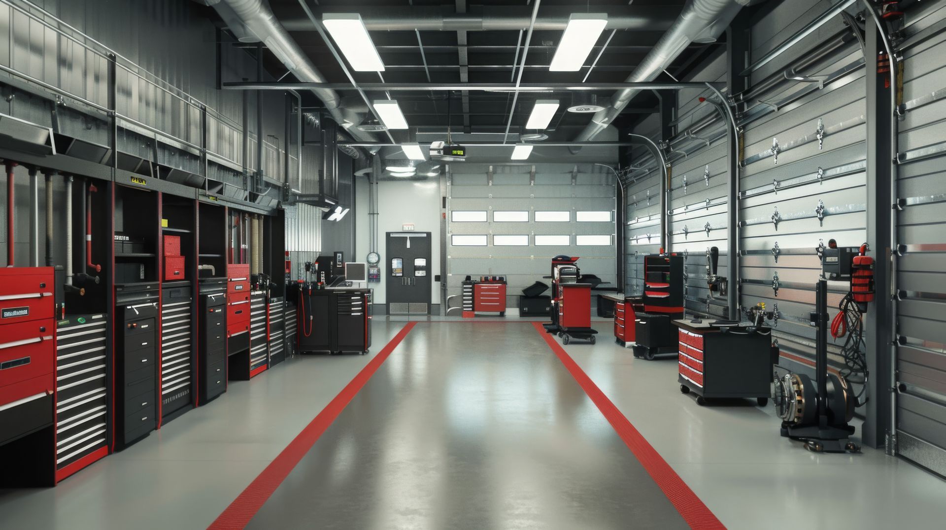 Garage automobile vide avec des coffres à outils rouges et des établis de part et d'autre d'un sol en béton propre