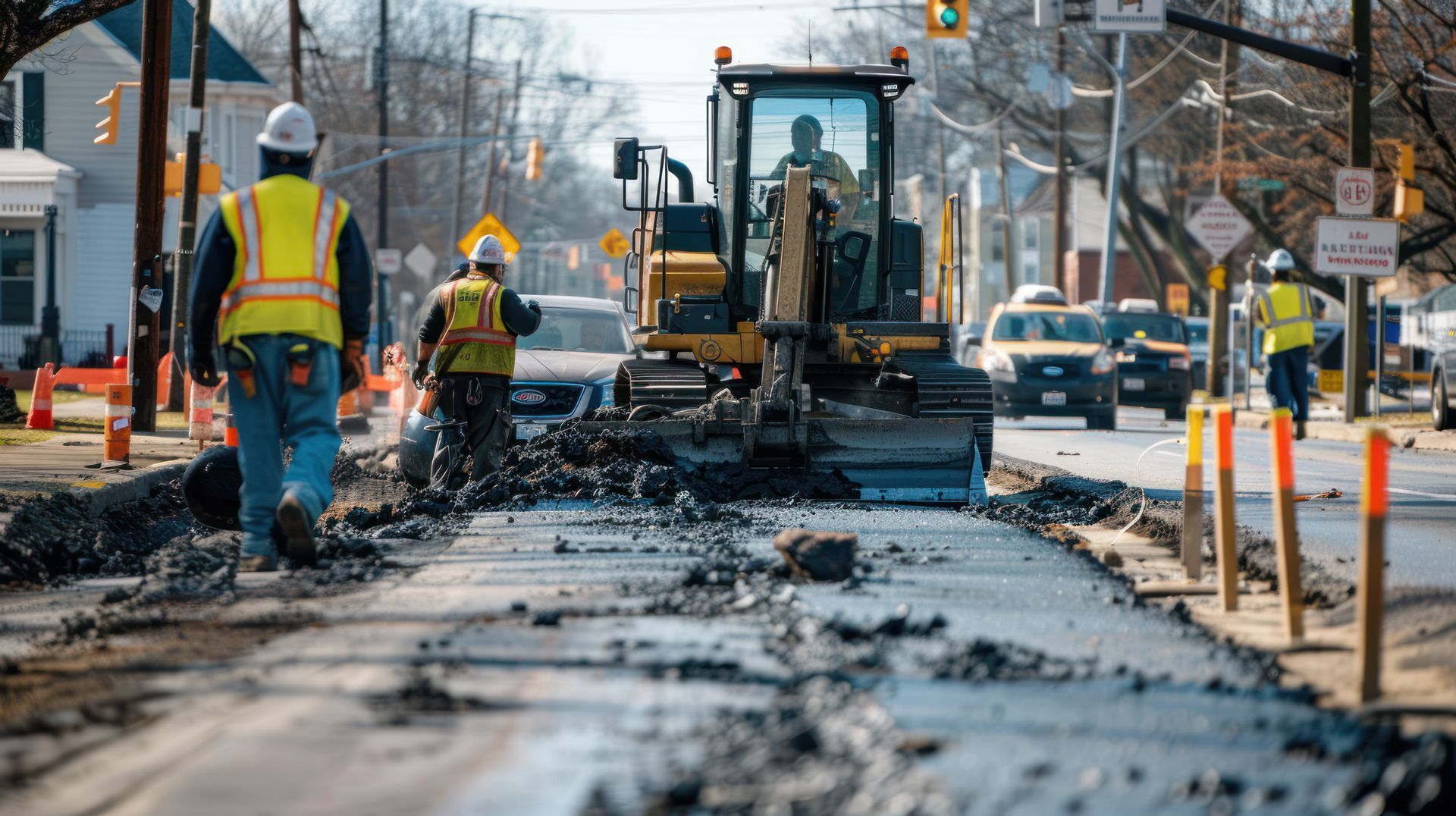 Scène de travaux routiers avec des ouvriers, une pelleteuse et des cônes orange dans une rue.