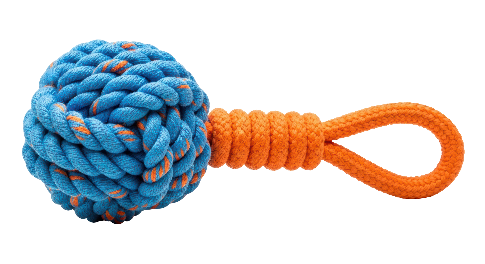 Jouet pour chien en corde bleue et orange : une balle nouée avec une poignée en boucle.
