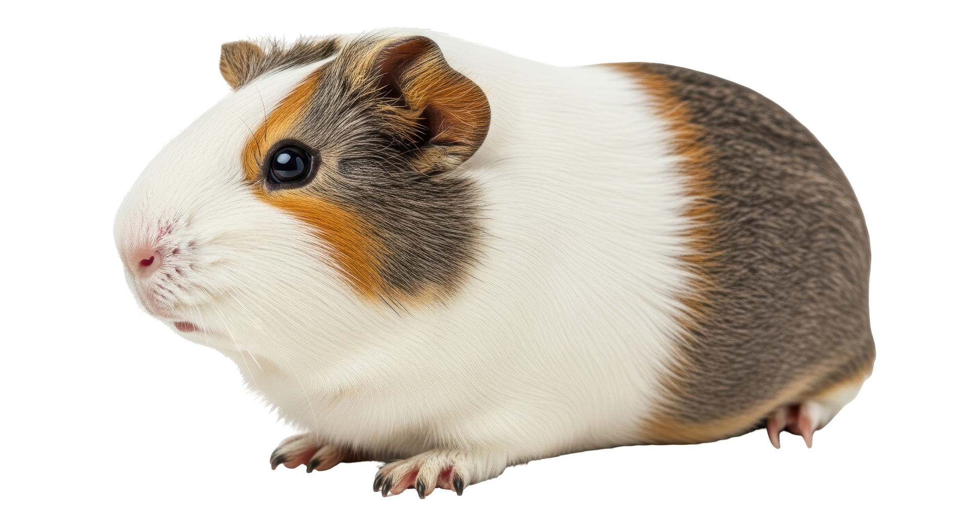 Cochon d'Inde, principalement blanc avec des taches de fourrure brune et grise.