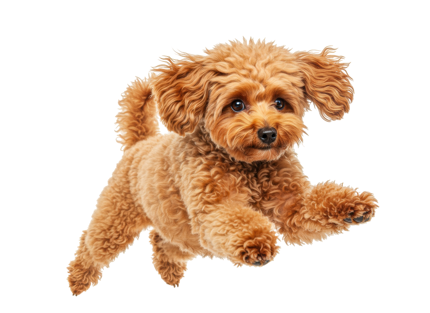 Un chiot caniche marron qui saute avec une expression joyeuse.