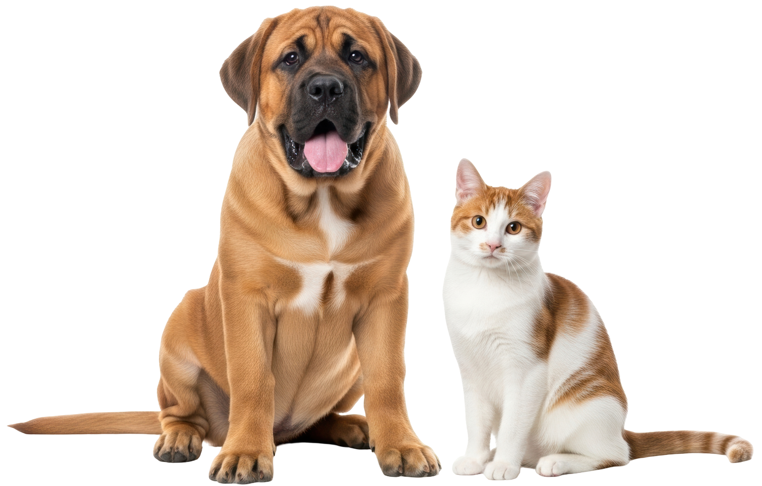 Un gros chien beige et un chat roux et blanc sont assis côte à côte, regardant droit devant eux.