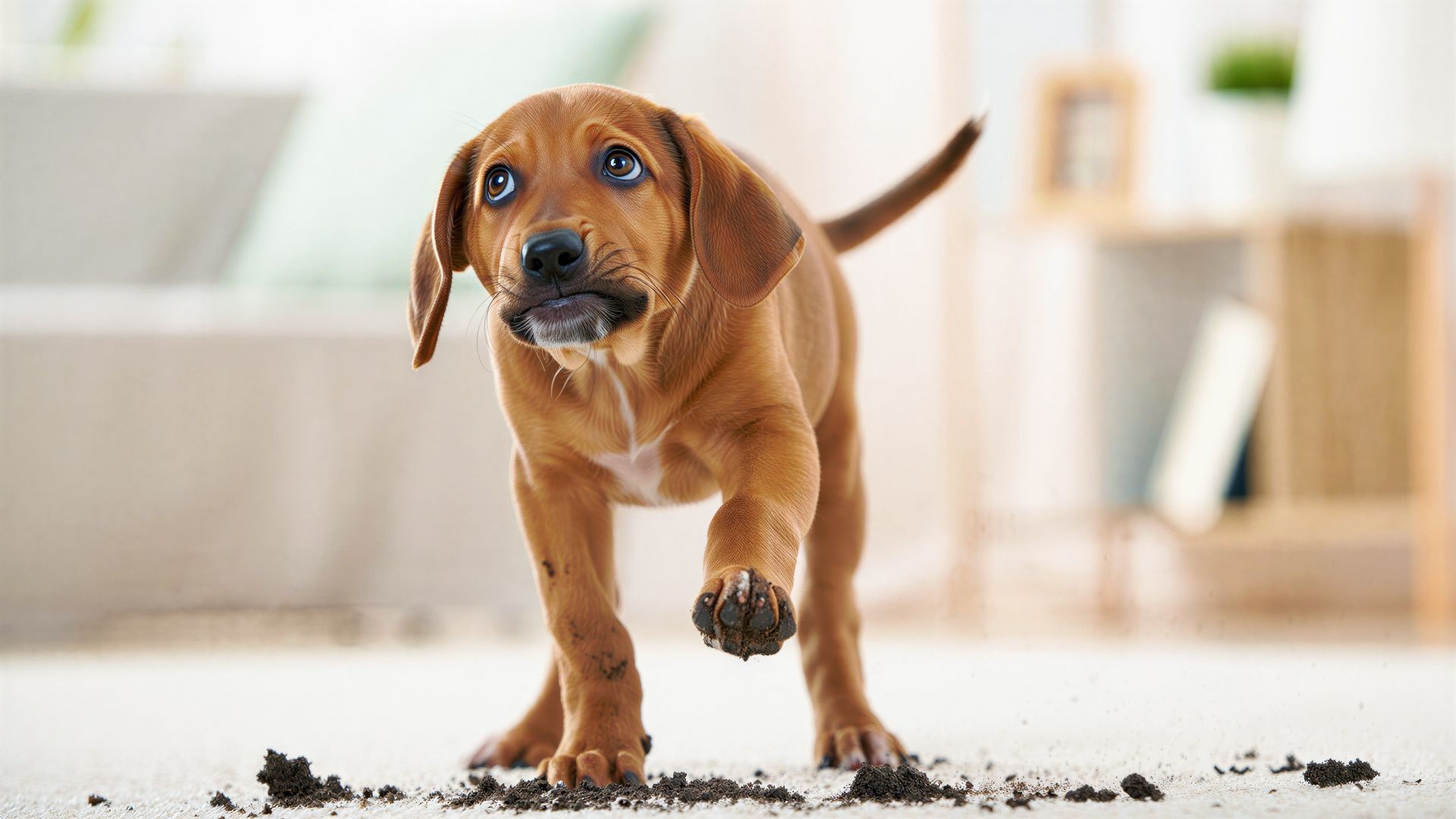 Un chiot brun aux pattes sales marche sur un tapis clair, en semant la terre.