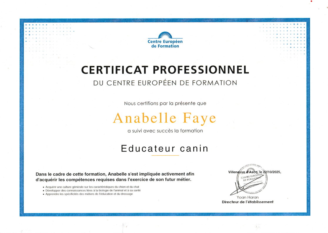 Un certificat professionnel délivré à Anabelle Faye pour la réussite de sa formation d'éducateur canin.