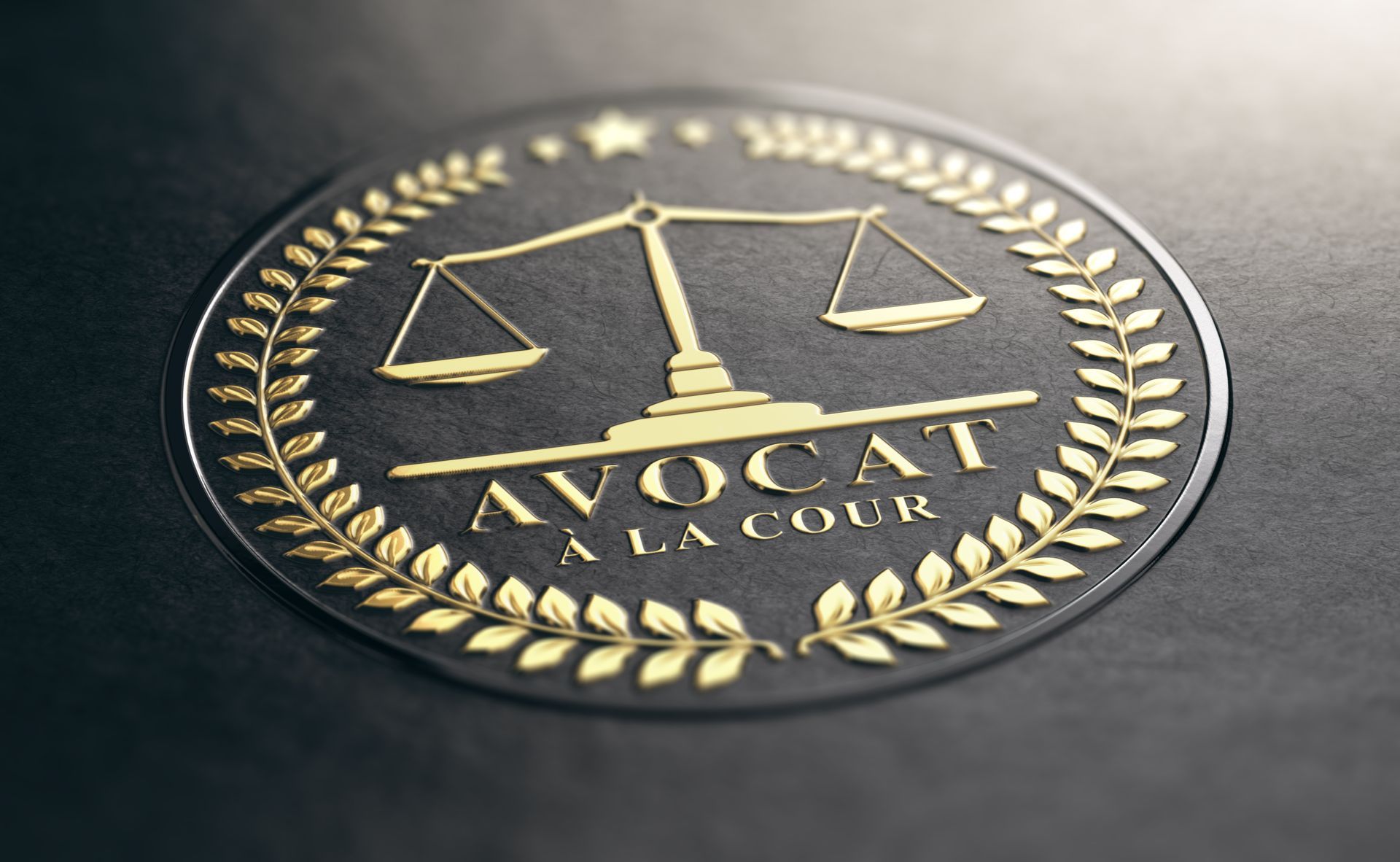 Logo doré avec balance de la justice et couronne de laurier sur fond sombre.