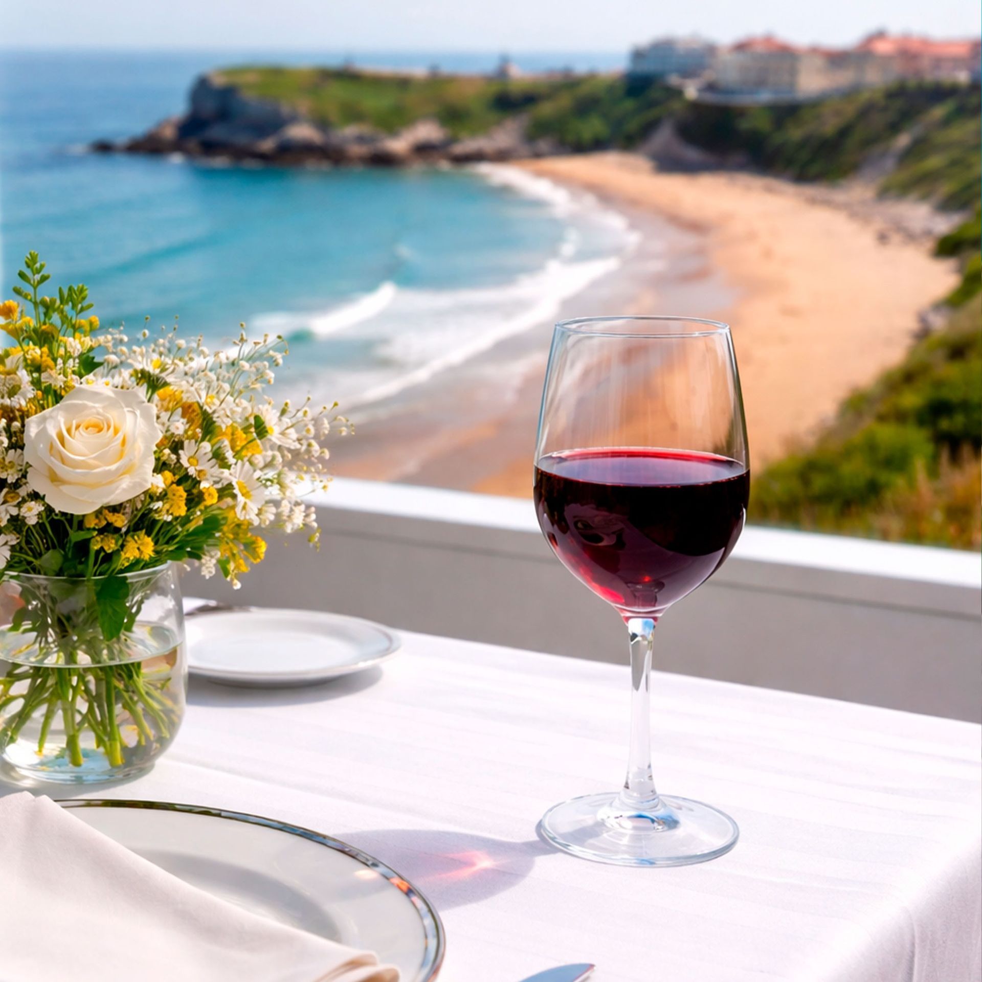 Una copa de vino y rosas blancas sobre una mesa junto al mar con vistas a una cala soleada.