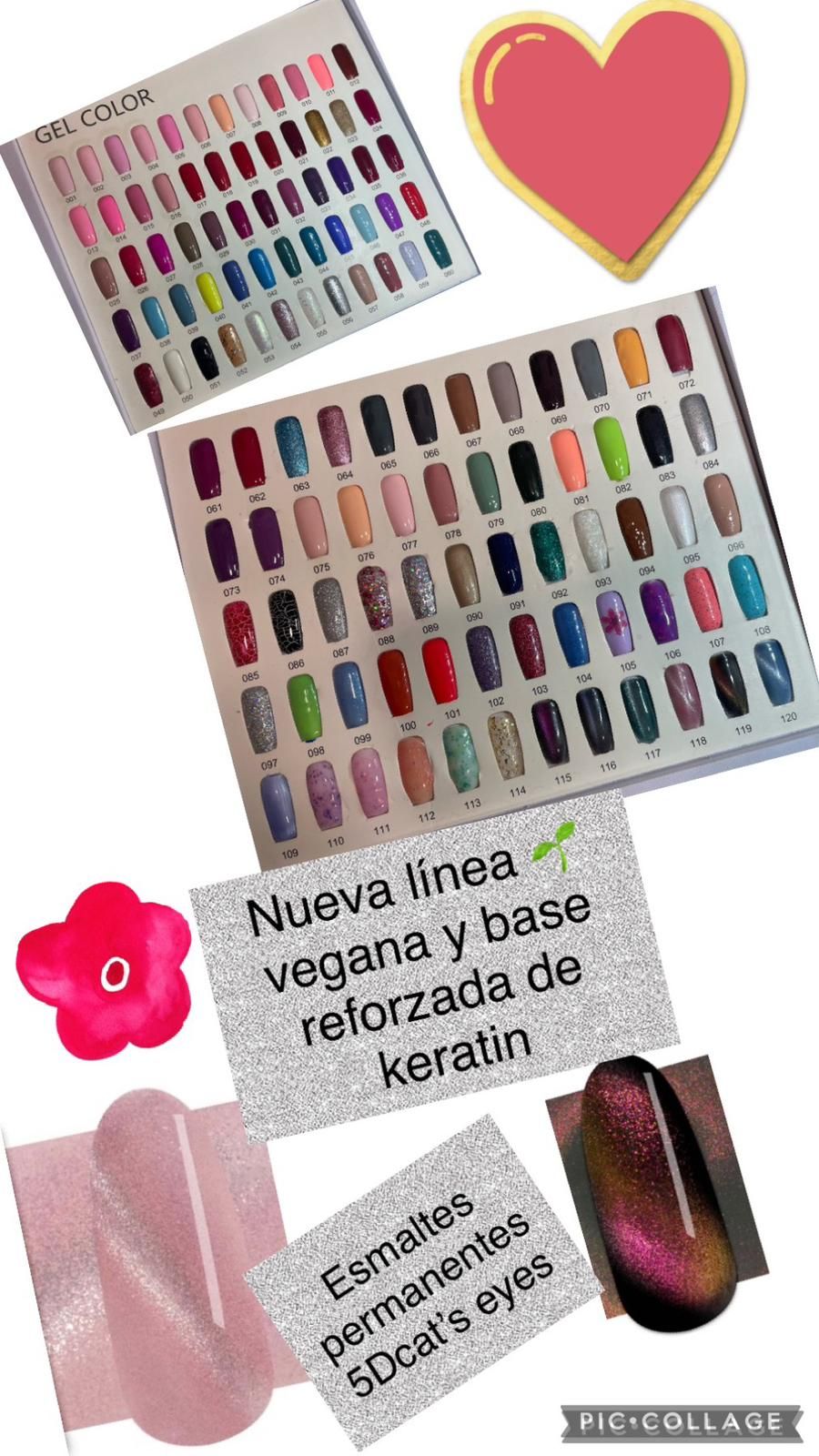 Un collage de diferentes tipos de esmaltes de uñas y un corazón.