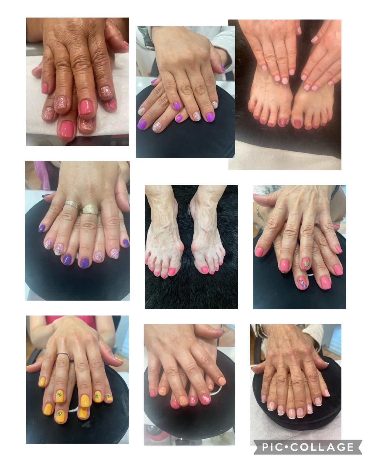 Un collage de fotografías de uñas y pies de una mujer.