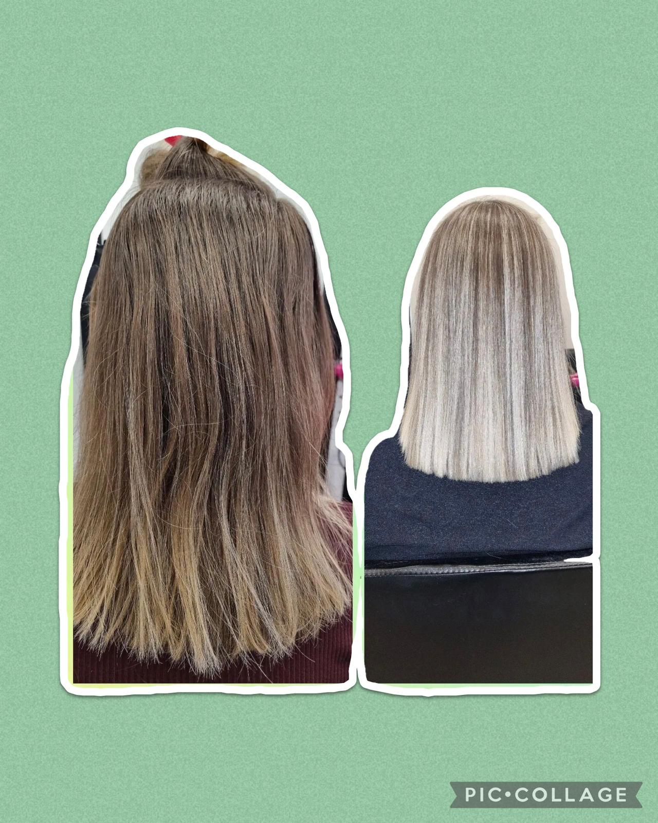 Una foto de antes y después del cabello de una mujer.