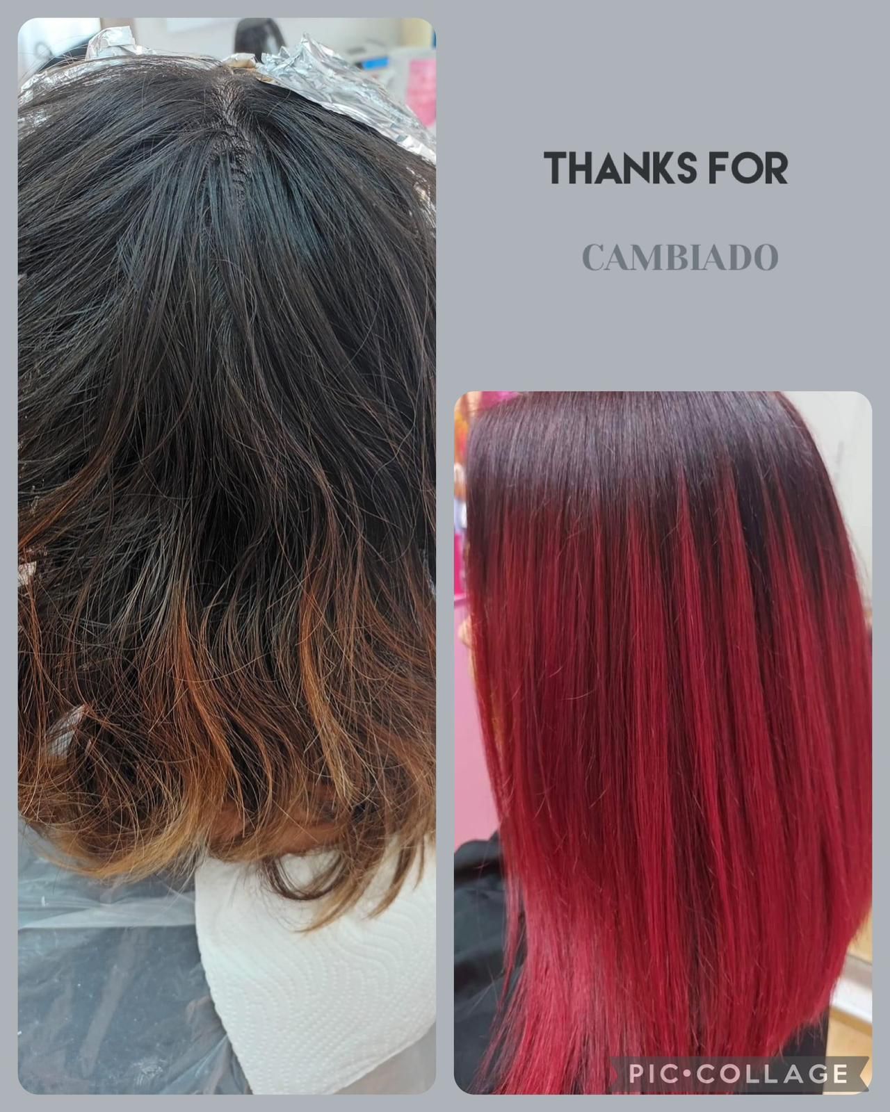El cabello de una mujer antes y después de teñirse de rojo.