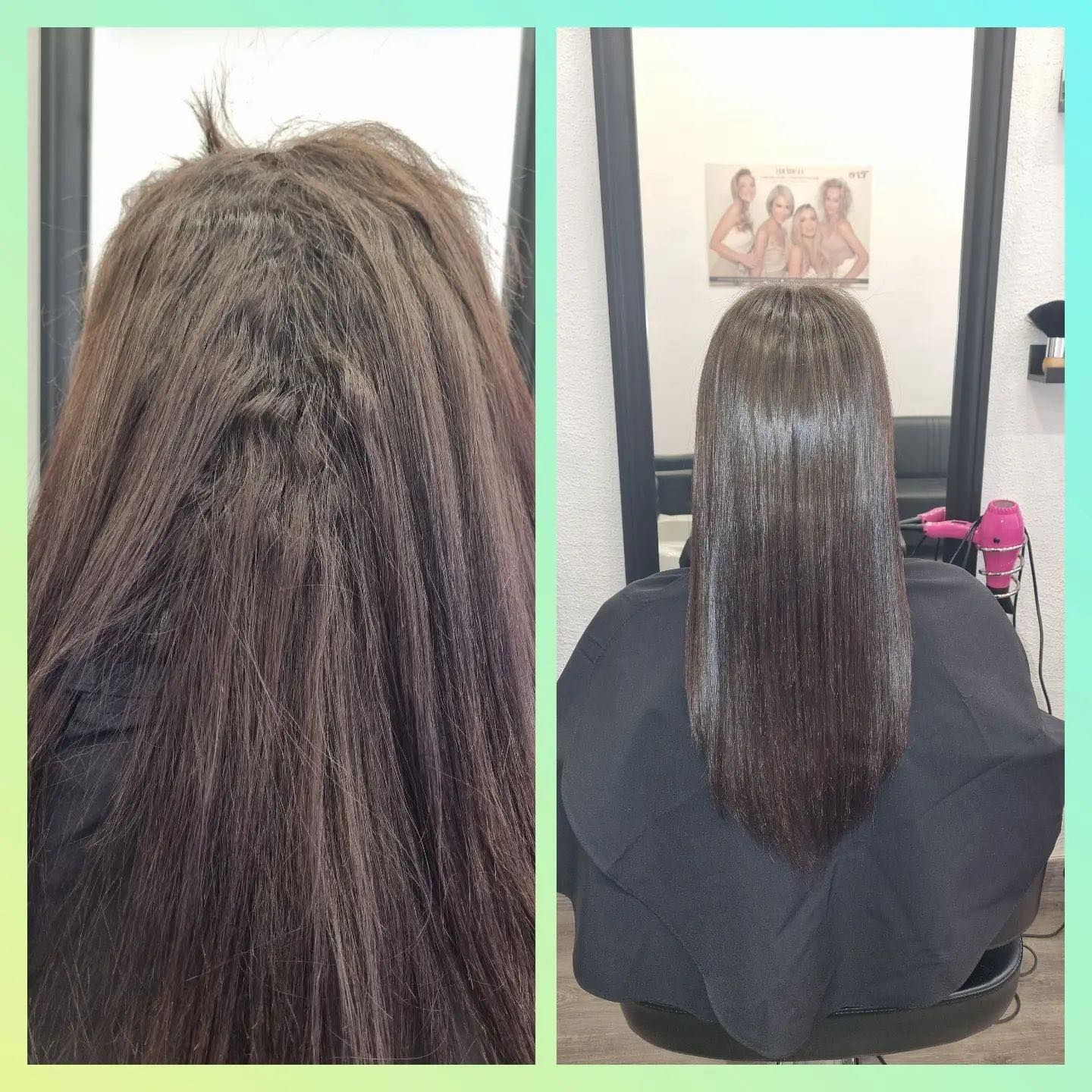 Una foto de antes y después del cabello de una mujer.