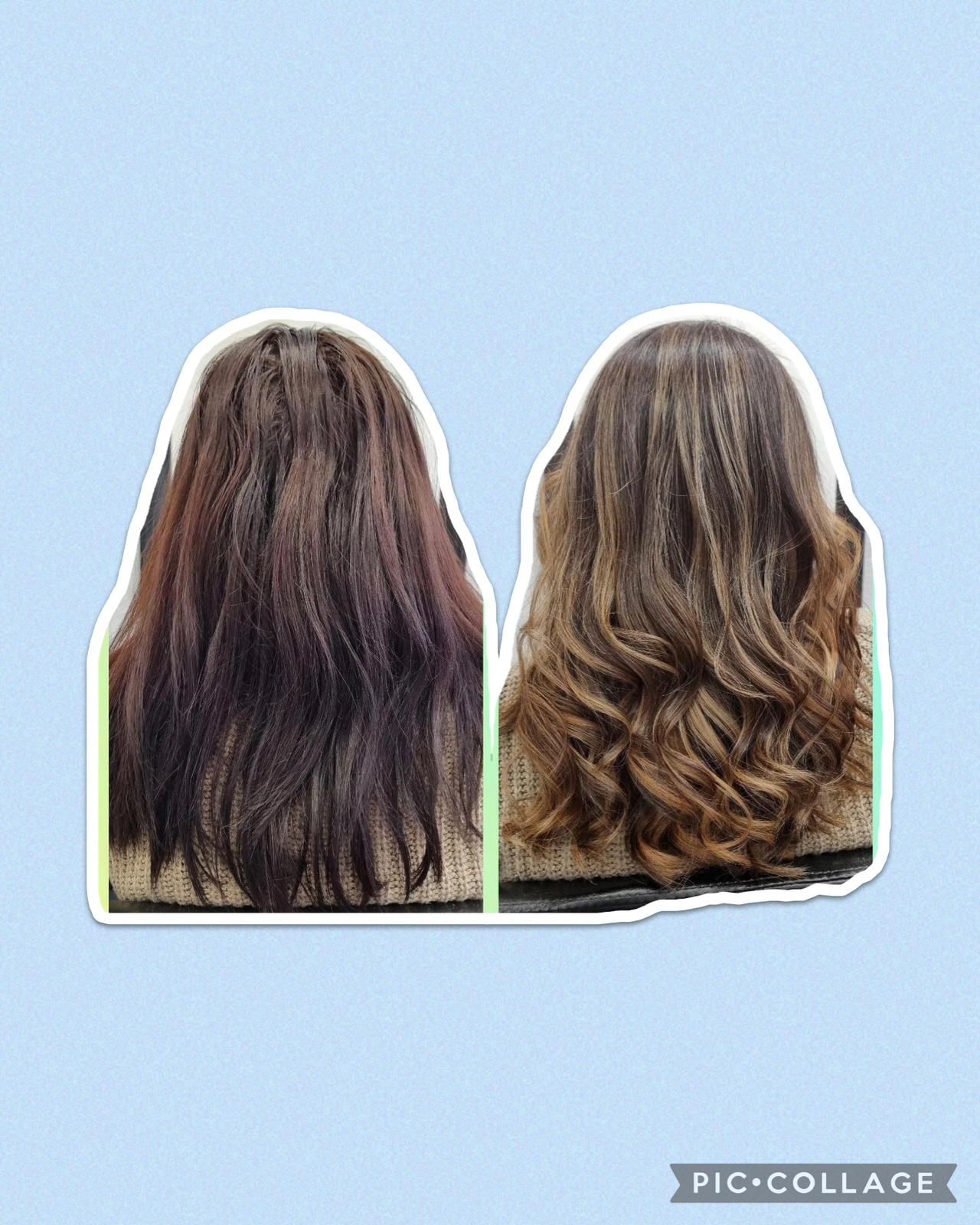 Una foto de antes y después del cabello de una mujer.